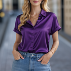 Silky Satin Short Sleeve Button Down Blouse for Women - Elegant Casual Top