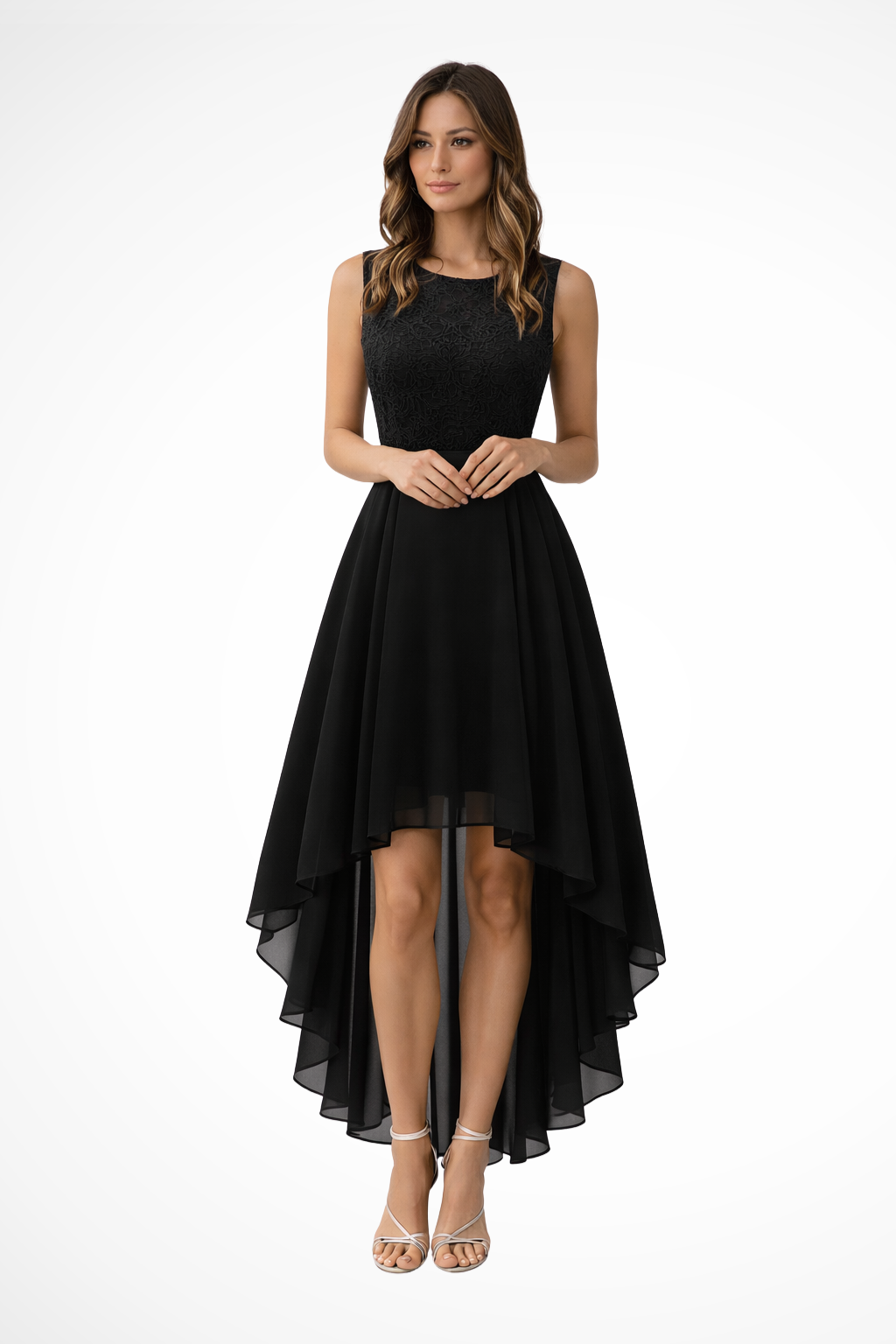 Sleeveless High Low Dress in Elegant Fabric | Women's Wedding Guest Attire