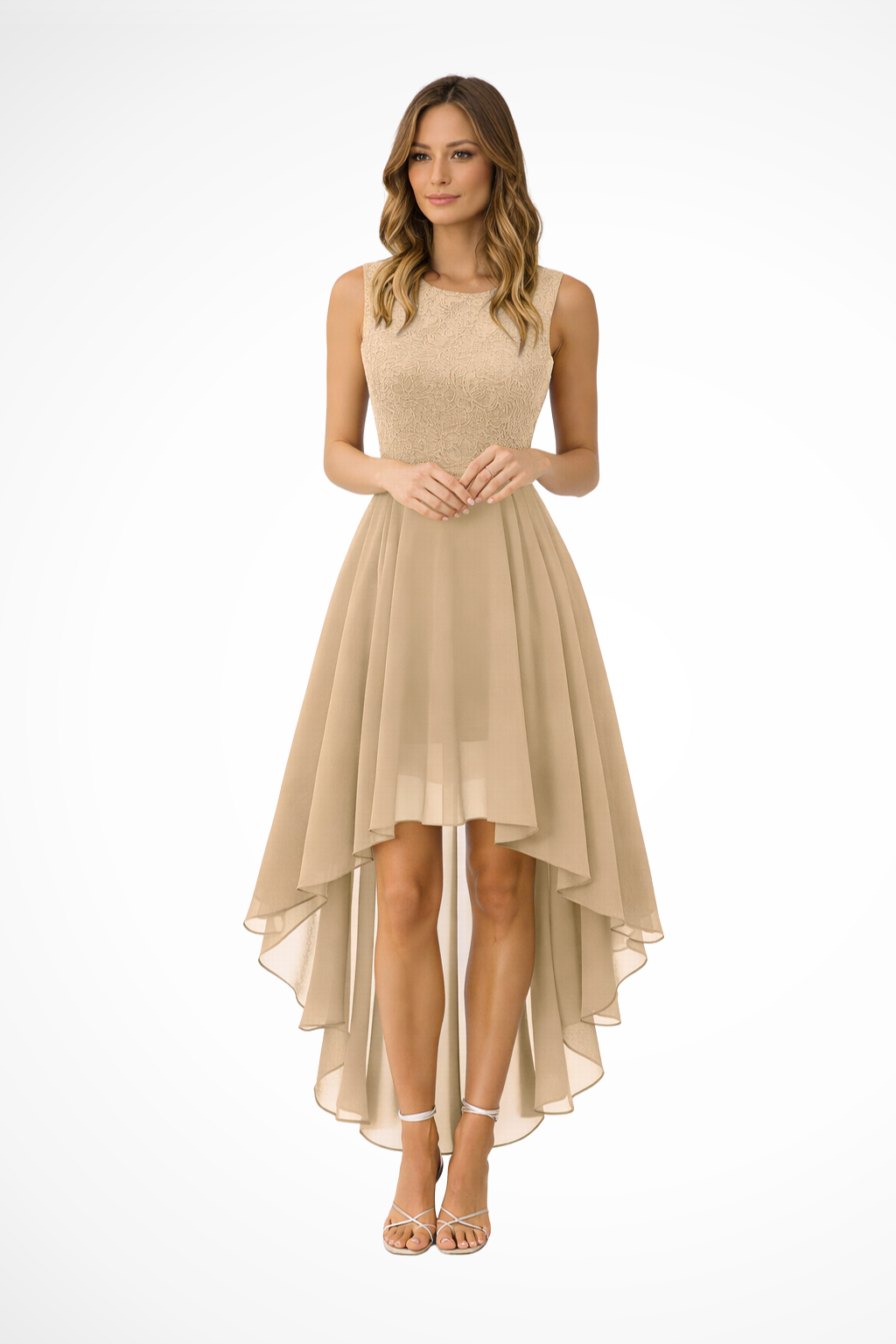 Sleeveless High Low Dress in Elegant Fabric | Women's Wedding Guest Attire