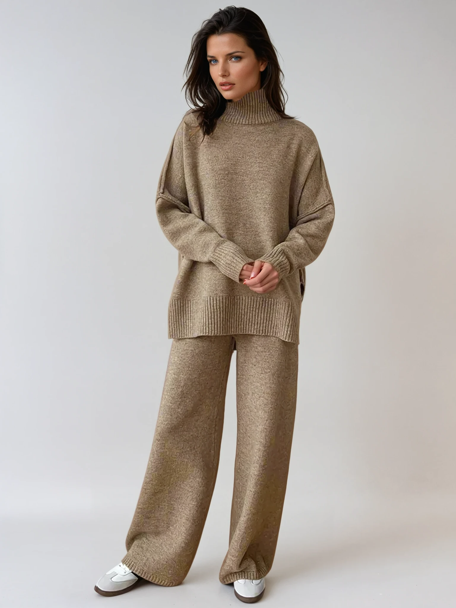 Soft Knit Turtleneck Lounge Set for Women Beige