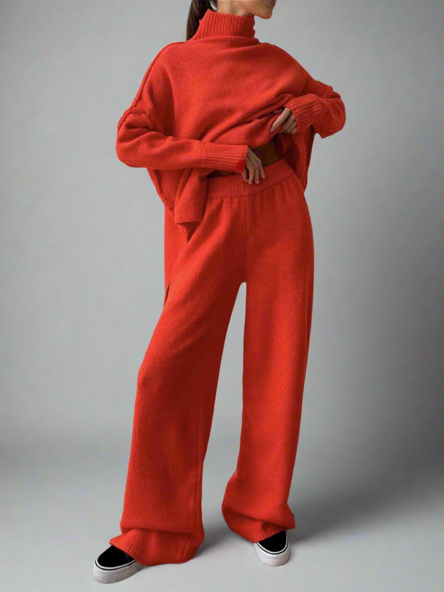 Soft Knit Turtleneck Lounge Set for Women Red