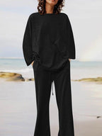 Solid Color Long Sleeve Shirt and Drawstring Pants Set for Casual Wear