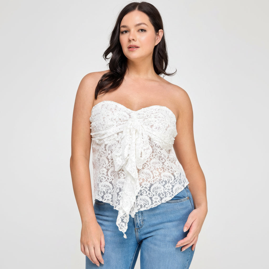 Stretch Lace Strapless Bow Top for Women - Elegant Evening Wear