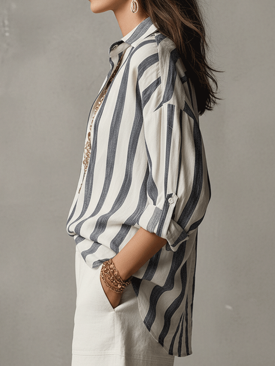 Striped Cotton Linen Long-Sleeve Shirt for Casual Wear