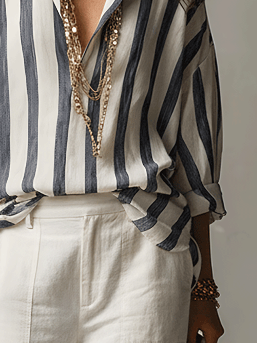 Striped Cotton Linen Long-Sleeve Shirt for Casual Wear