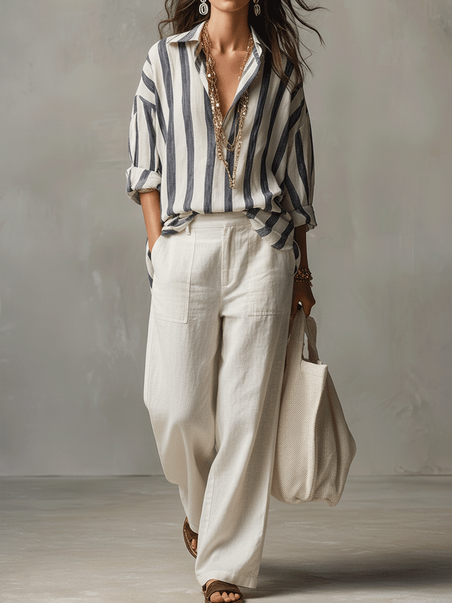 Striped Cotton Linen Long-Sleeve Shirt for Casual Wear