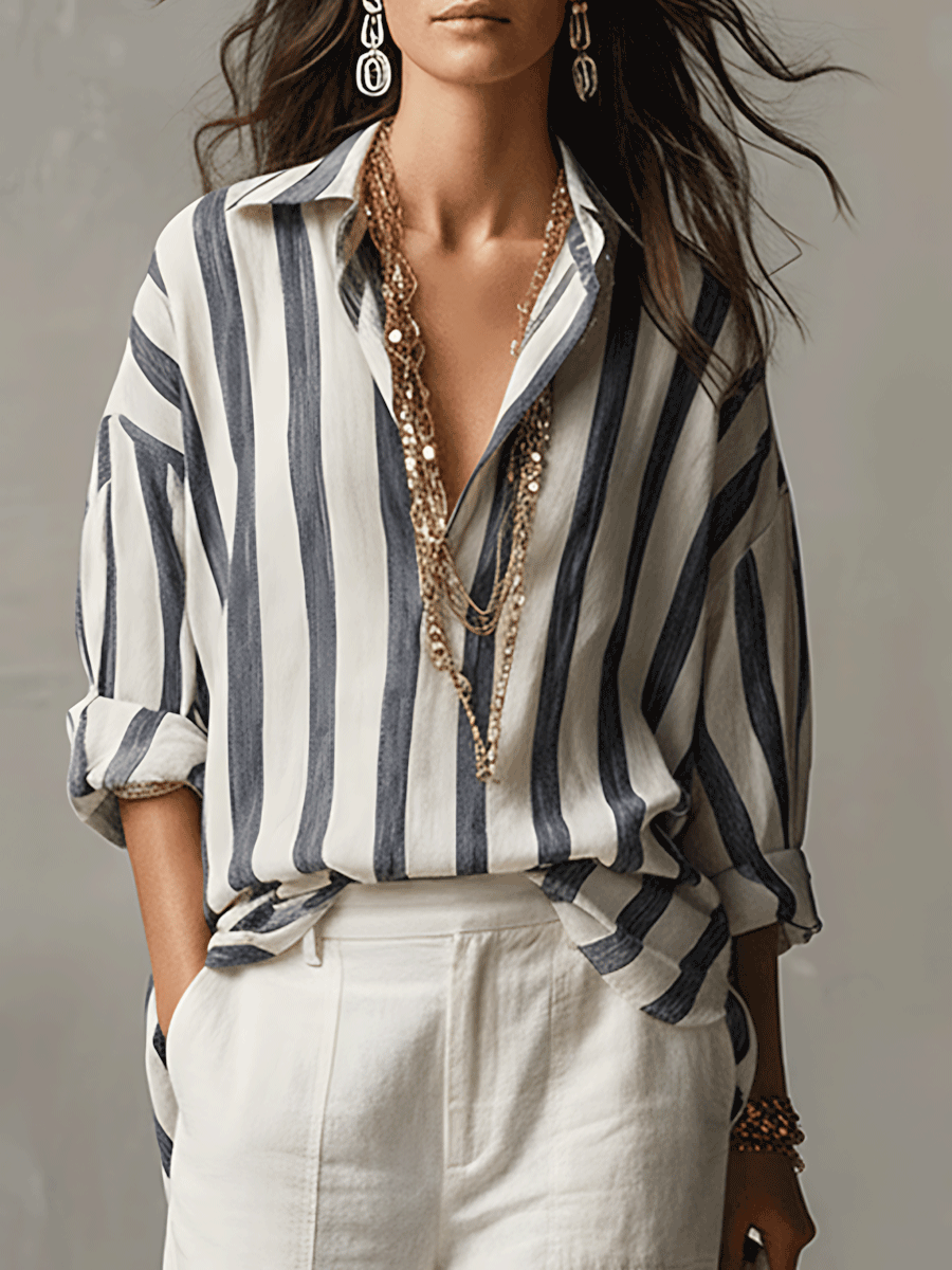 Striped Cotton Linen Long-Sleeve Shirt for Casual Wear