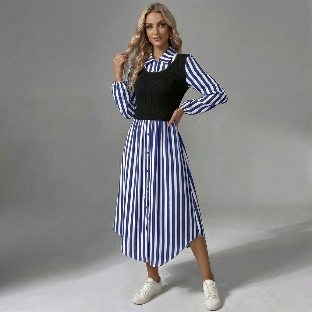 Striped Layered Midi Dress - Lightweight Fabric for Casual or Formal Wear