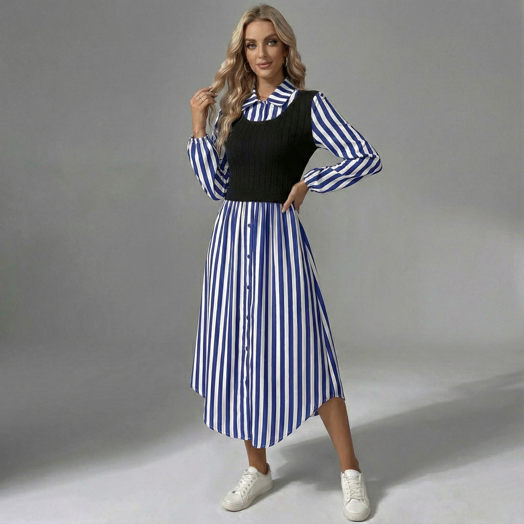 Striped Layered Midi Dress - Lightweight Fabric for Casual or Formal Wear