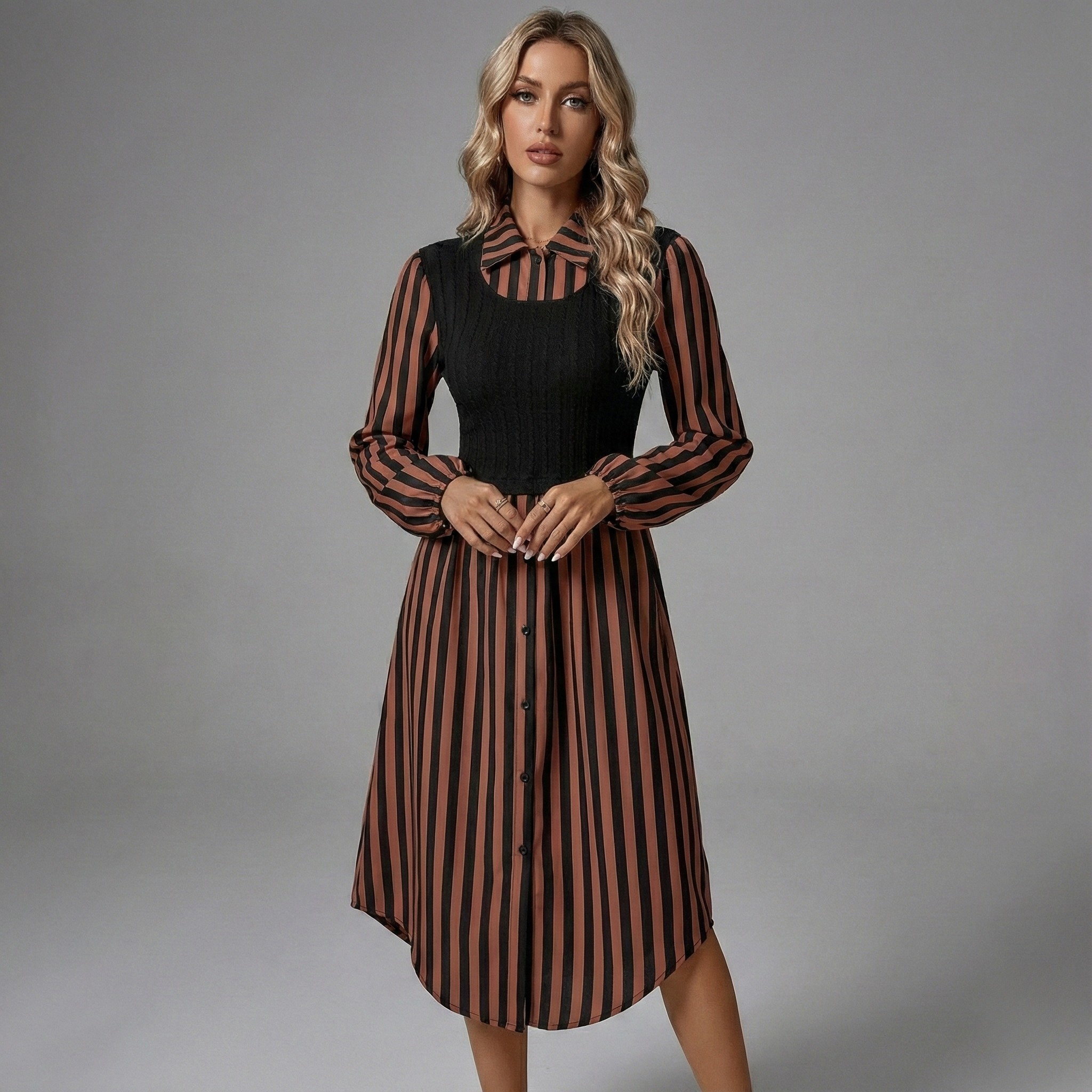 Striped Layered Midi Dress - Lightweight Fabric for Casual or Formal Wear