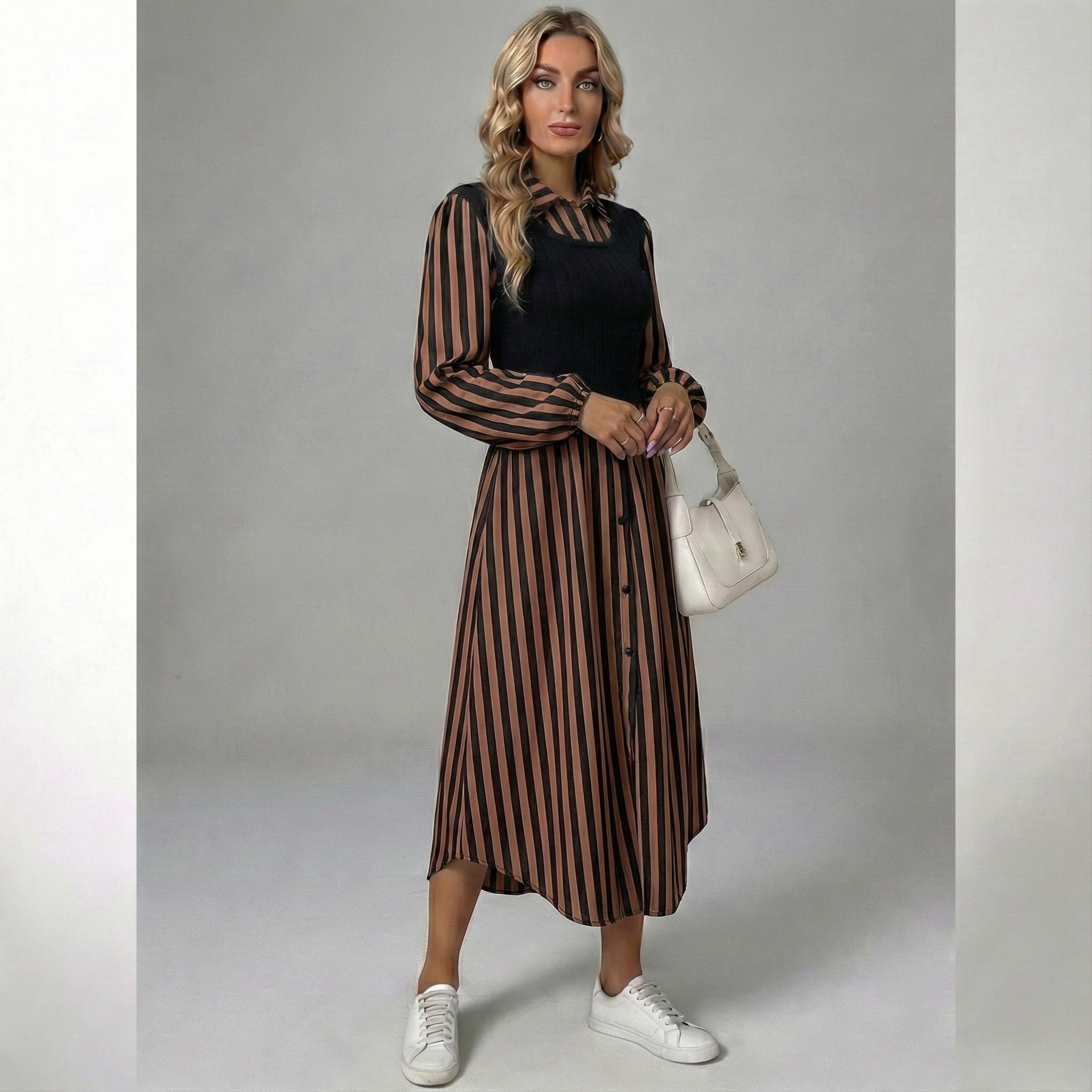 Striped Layered Midi Dress - Lightweight Fabric for Casual or Formal Wear