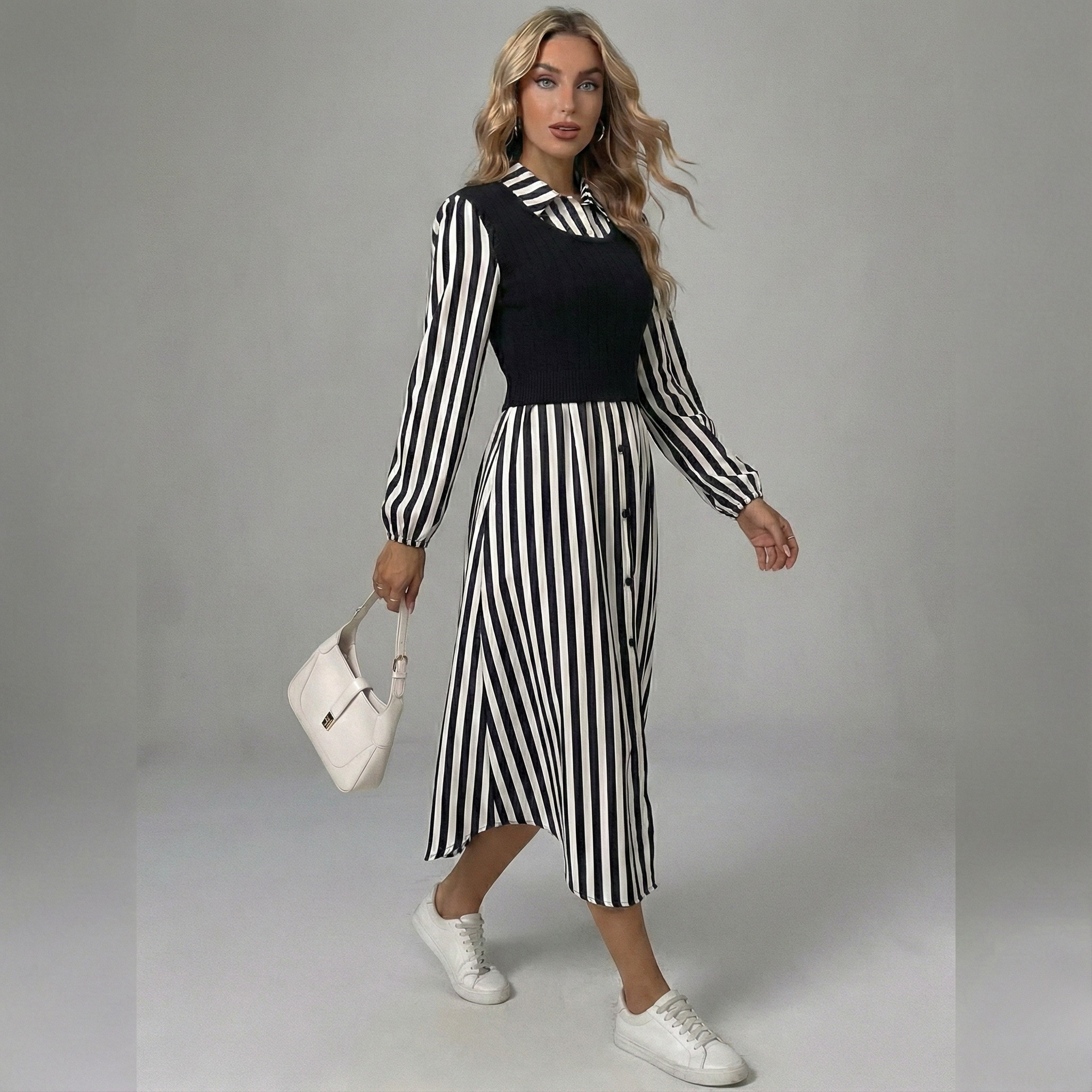 Striped Layered Midi Dress - Lightweight Fabric for Casual or Formal Wear
