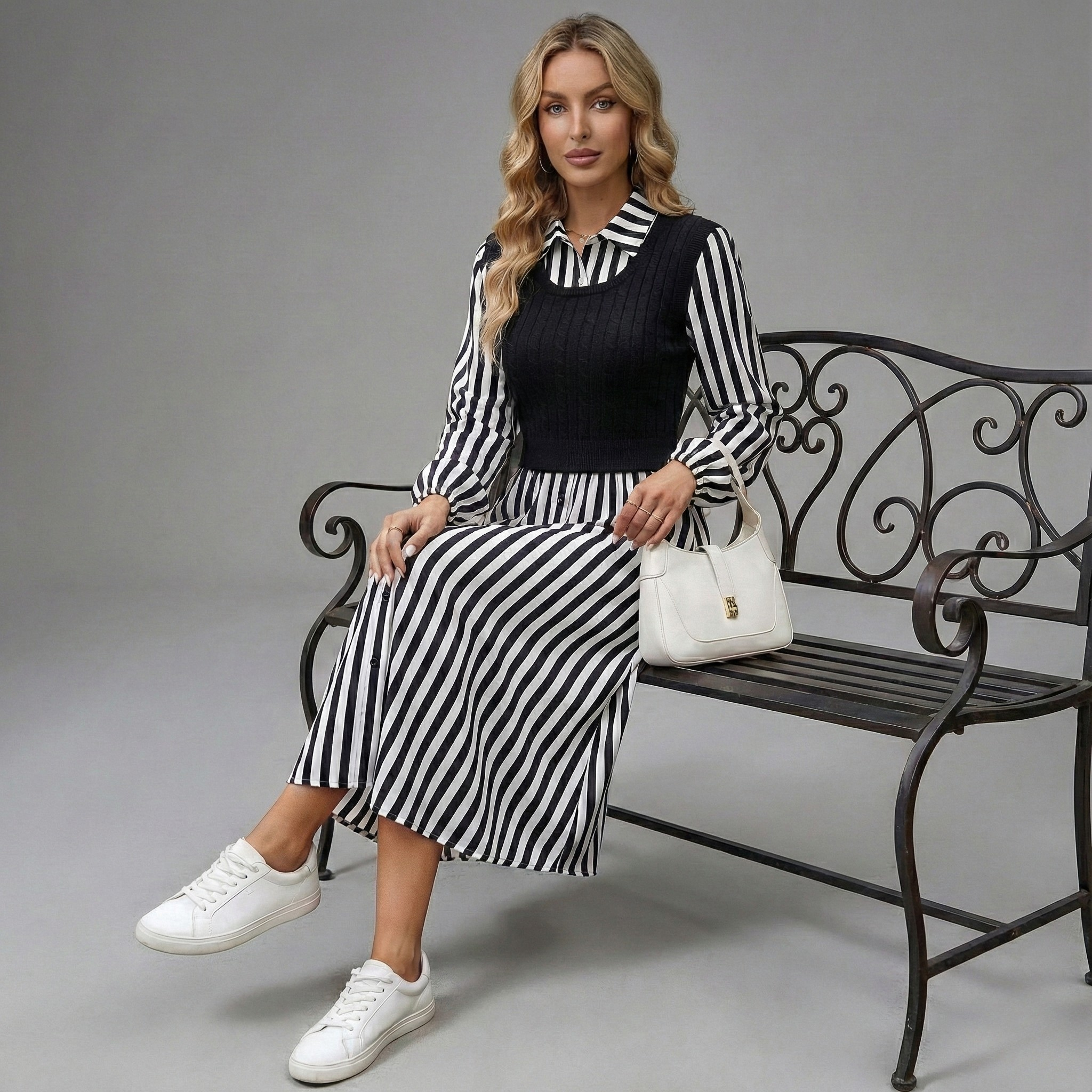Striped Layered Midi Dress - Lightweight Fabric for Casual or Formal Wear