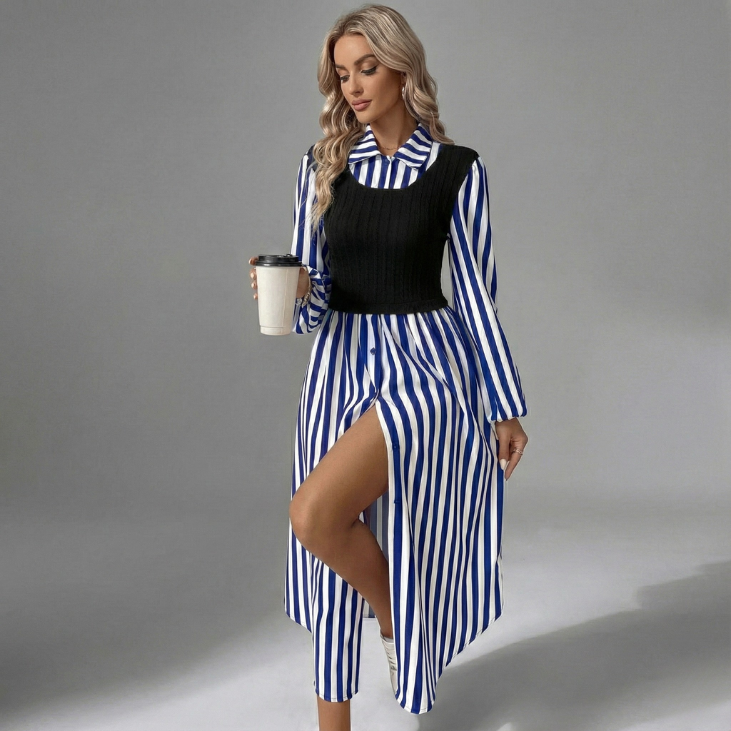 Striped Layered Midi Dress - Lightweight Fabric for Casual or Formal Wear