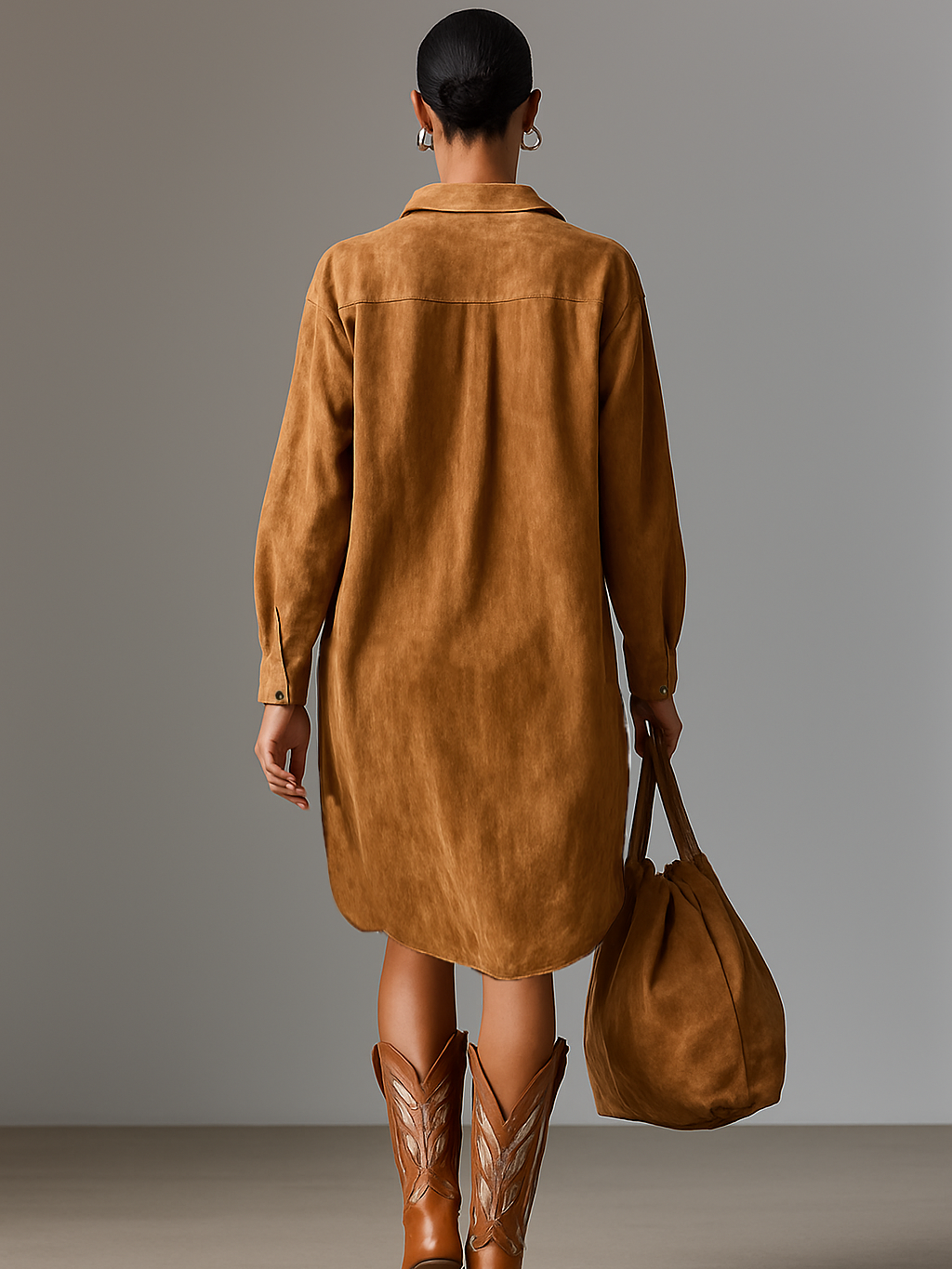 Suede Midi Dress for Women - Loose Lapel V-Neck, Embroidered, Long Sleeves