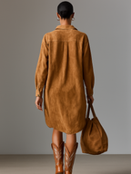 Suede Midi Dress for Women - Loose Lapel V-Neck, Embroidered, Long Sleeves
