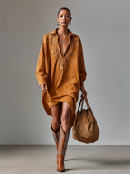 Suede Midi Dress for Women - Loose Lapel V-Neck, Embroidered, Long Sleeves