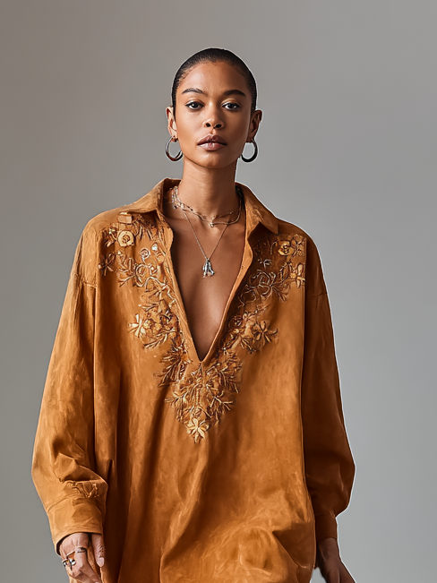 Suede Midi Dress for Women - Loose Lapel V-Neck, Embroidered, Long Sleeves