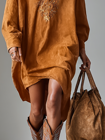Suede Midi Dress for Women - Loose Lapel V-Neck, Embroidered, Long Sleeves