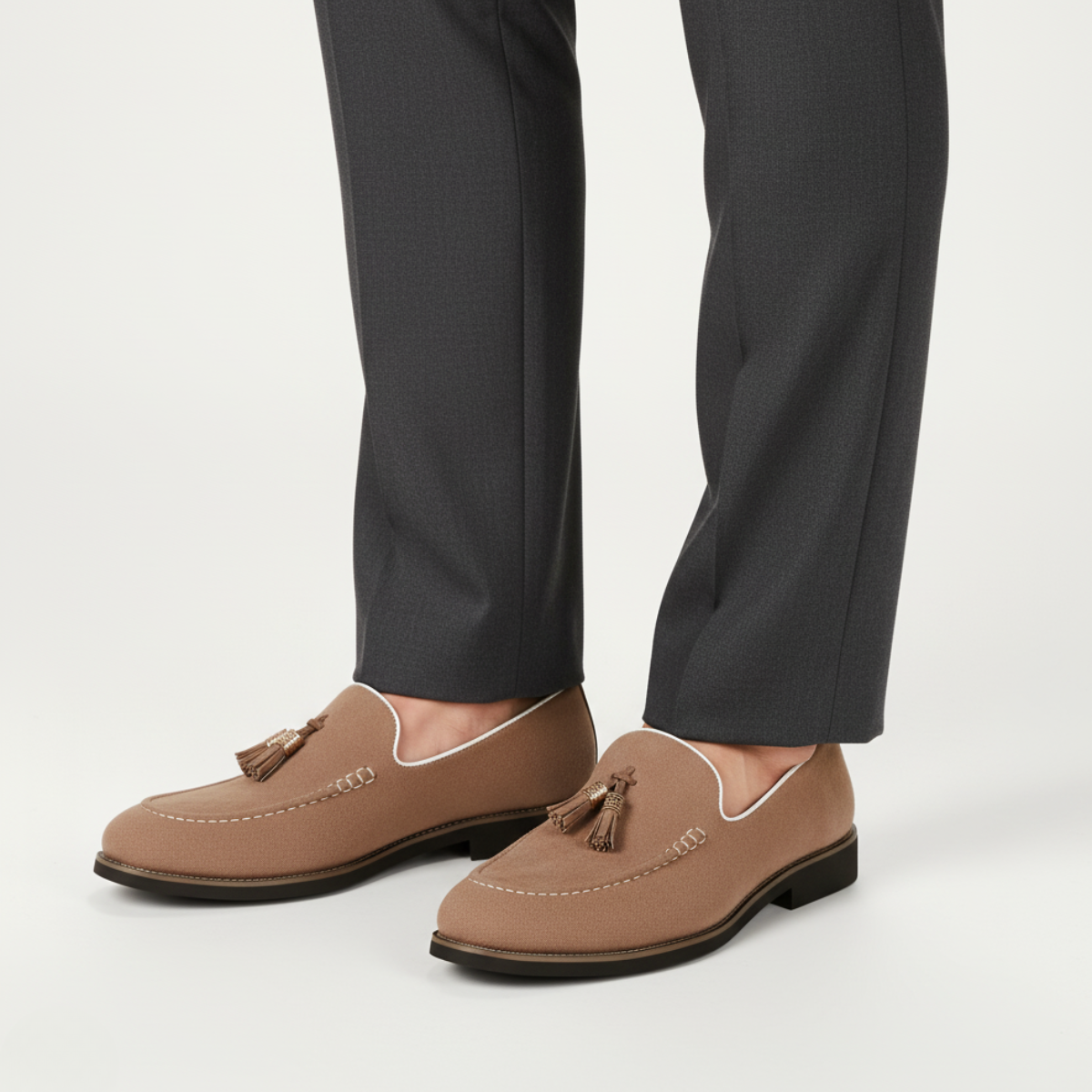 Taupe Suede Tassel Loafers for Men