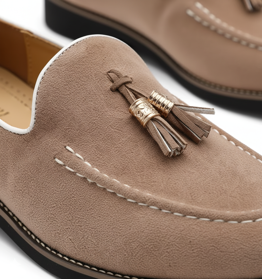 Taupe Suede Tassel Loafers for Men