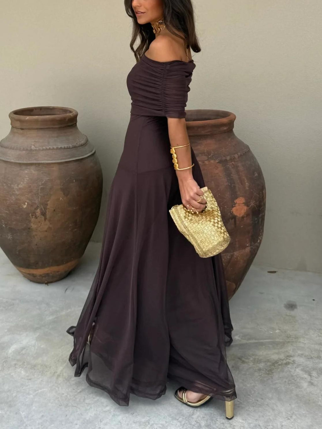 Off Shoulder Chiffon Maxi Dress for Women - Elegant Evening Gown for Parties and Special Occasions