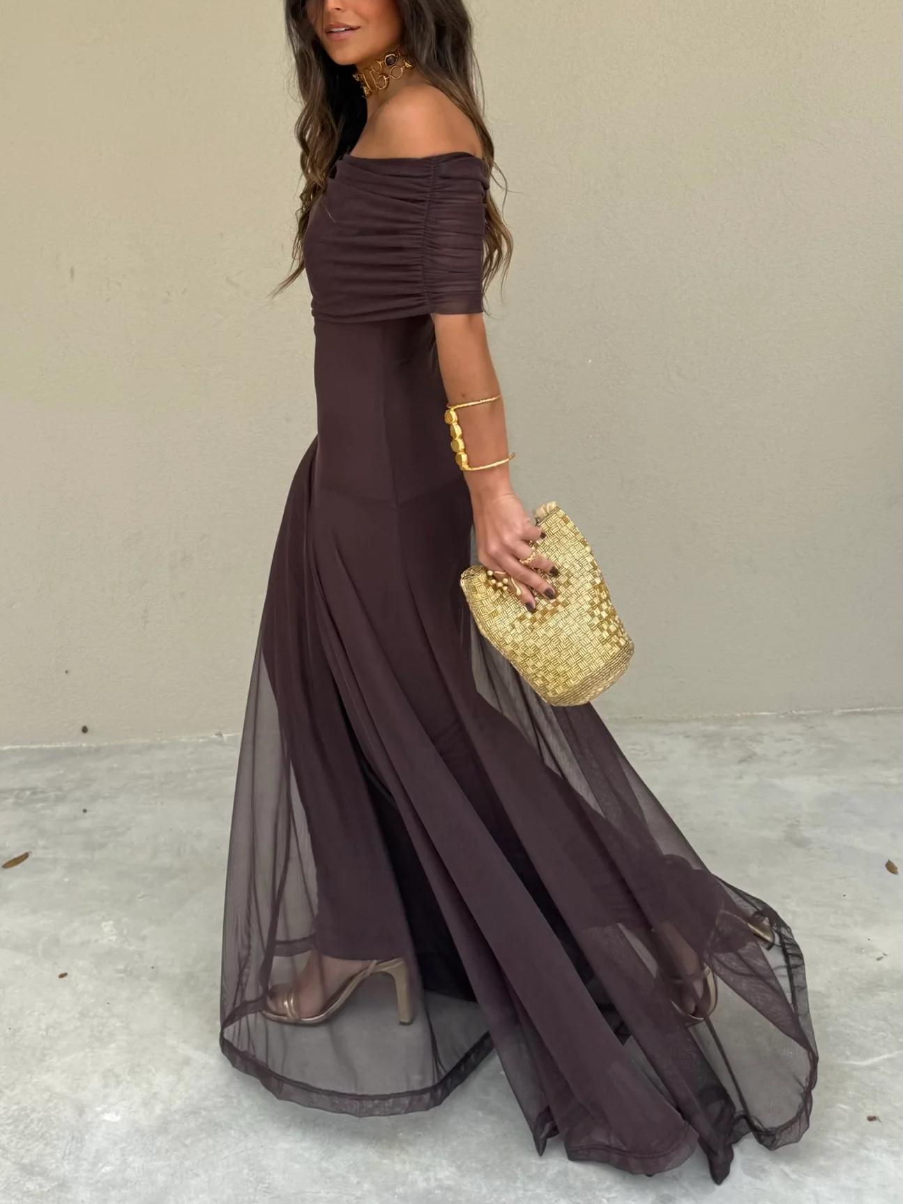 Off Shoulder Chiffon Maxi Dress for Women - Elegant Evening Gown for Parties and Special Occasions