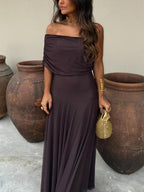 Off Shoulder Chiffon Maxi Dress for Women - Elegant Evening Gown for Parties and Special Occasions