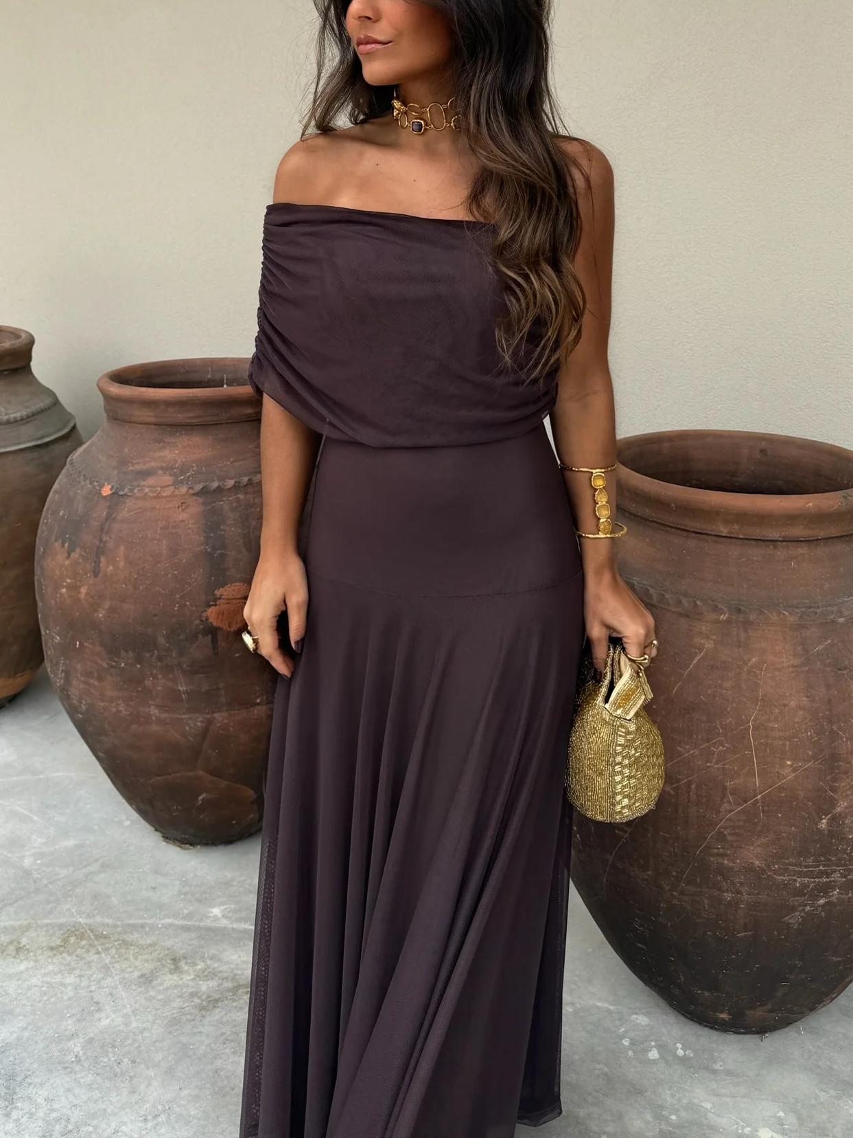 Off Shoulder Chiffon Maxi Dress for Women - Elegant Evening Gown for Parties and Special Occasions