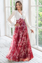 V Neck Floral Print Maxi Dress with Balloon Sleeves for Wedding Guests