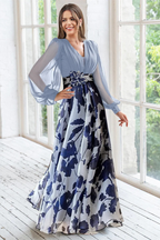 V Neck Floral Print Maxi Dress with Balloon Sleeves for Wedding Guests