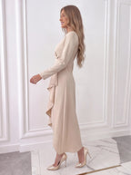 V-Neck Sheath Midi Dress in Elegant Fabric with Slit Design for Formal Events and Special Occasions
