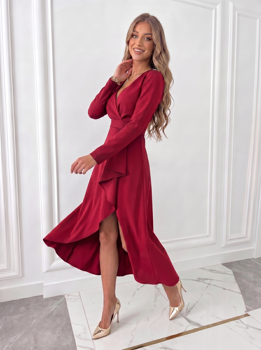 V-Neck Sheath Midi Dress in Elegant Fabric with Slit Design for Formal Events and Special Occasions