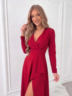 V-Neck Sheath Midi Dress in Elegant Fabric with Slit Design for Formal Events and Special Occasions