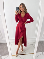 V-Neck Sheath Midi Dress in Elegant Fabric with Slit Design for Formal Events and Special Occasions
