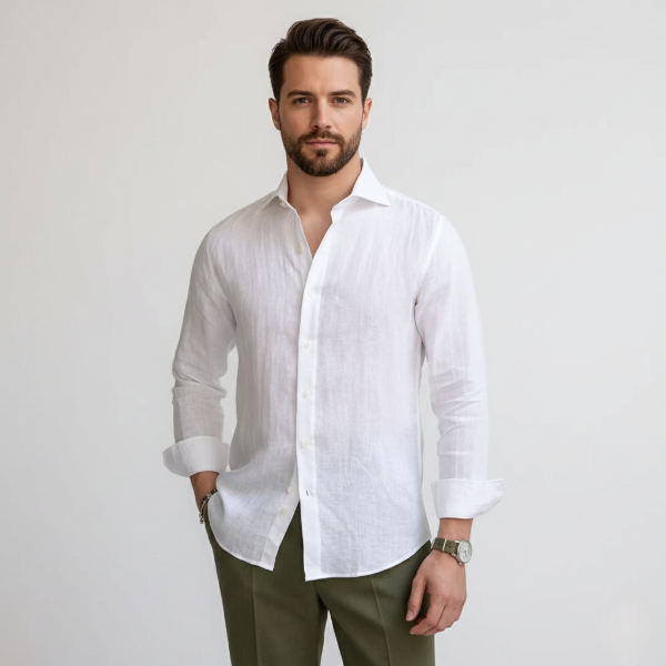 White Linen Men's Shirt UK – Lightweight Breathable Fabric Spread Collar, Smart Casual Office Wear