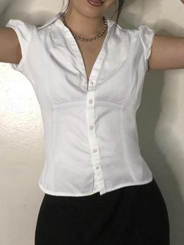White Vintage Slim Fit V Neck Short Sleeve Shirt for Casual Wear