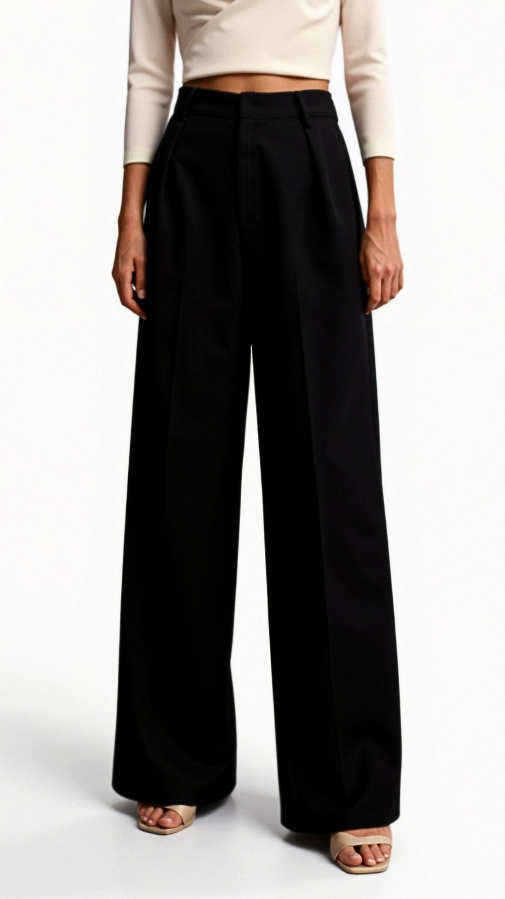 Wide-Leg Trousers for Women - High Waist with Pleats and Side Pockets - Versatile Casual or Office Wear