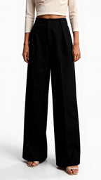 Wide-Leg Trousers for Women - High Waist with Pleats and Side Pockets - Versatile Casual or Office Wear