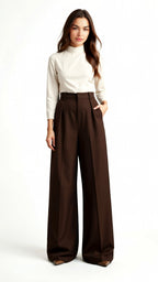 Wide-Leg Trousers for Women - High Waist with Pleats and Side Pockets - Versatile Casual or Office Wear