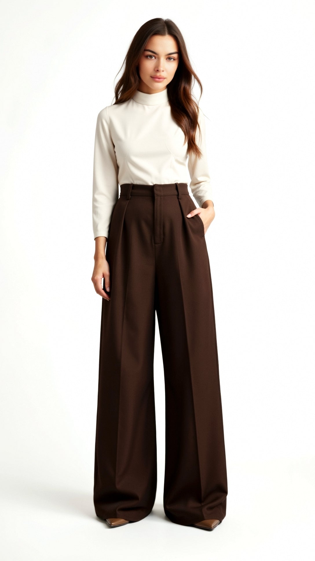 Wide-Leg Trousers for Women - High Waist with Pleats and Side Pockets - Versatile Casual or Office Wear