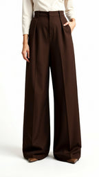 Wide-Leg Trousers for Women - High Waist with Pleats and Side Pockets - Versatile Casual or Office Wear