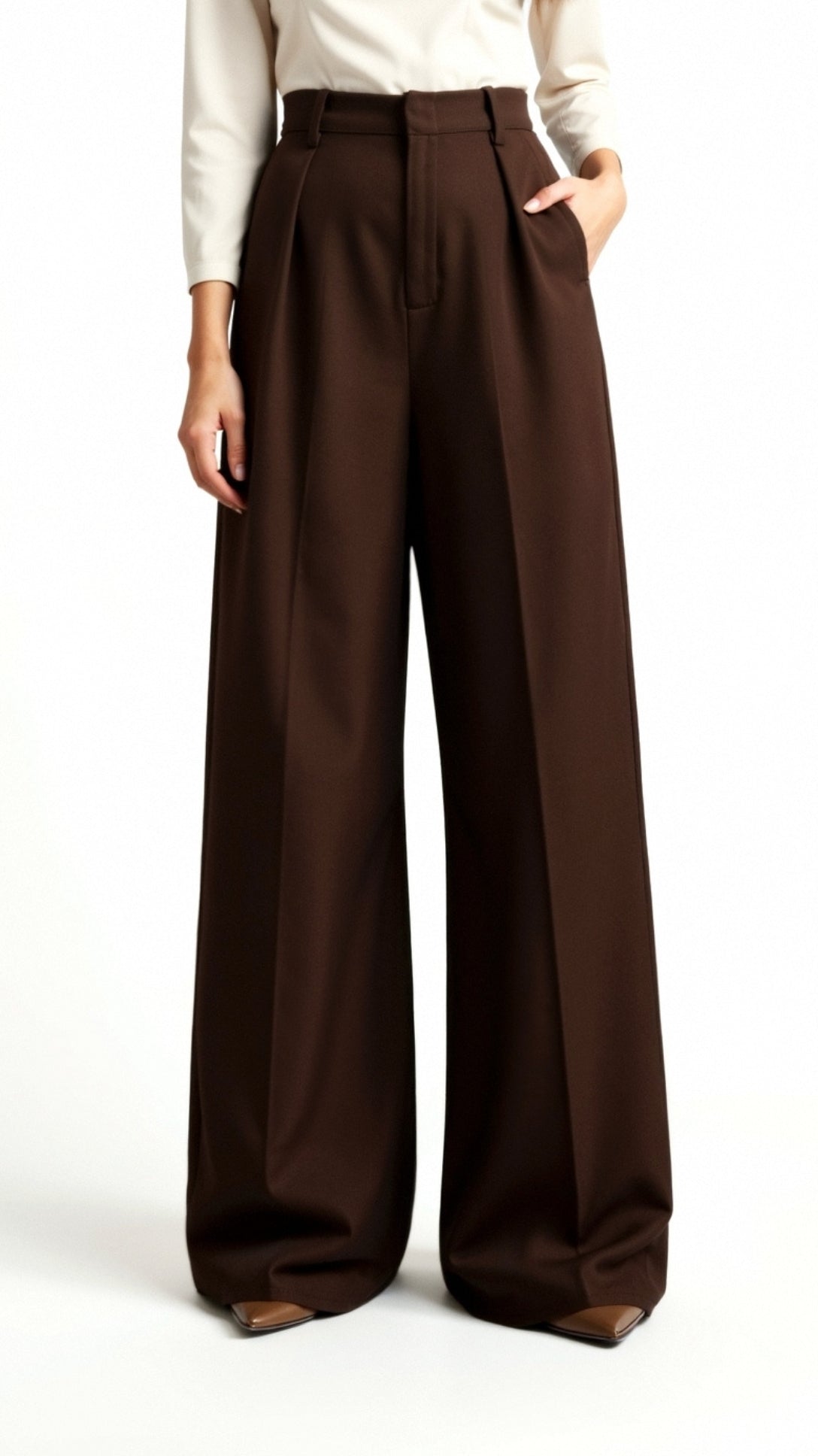 Wide-Leg Trousers for Women - High Waist with Pleats and Side Pockets - Versatile Casual or Office Wear