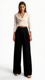 Wide-Leg Trousers for Women - High Waist with Pleats and Side Pockets - Versatile Casual or Office Wear