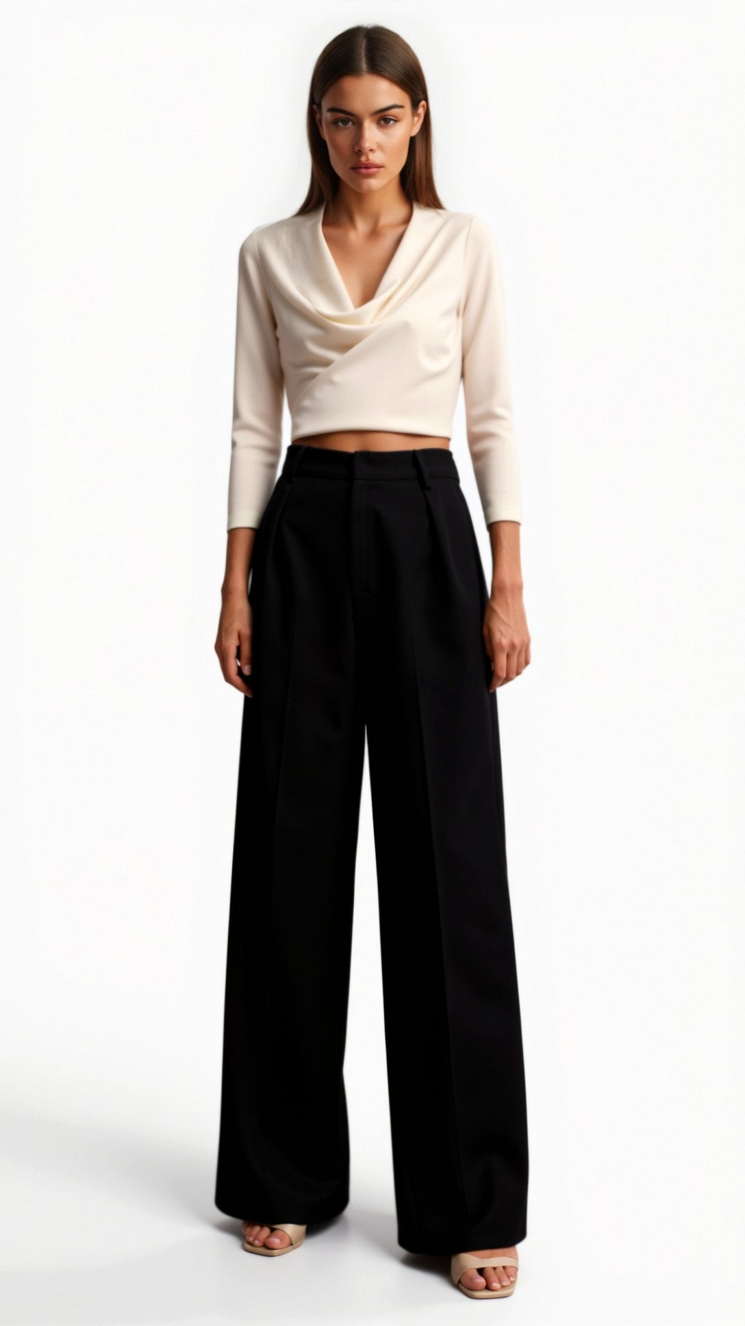 Wide-Leg Trousers for Women - High Waist with Pleats and Side Pockets - Versatile Casual or Office Wear