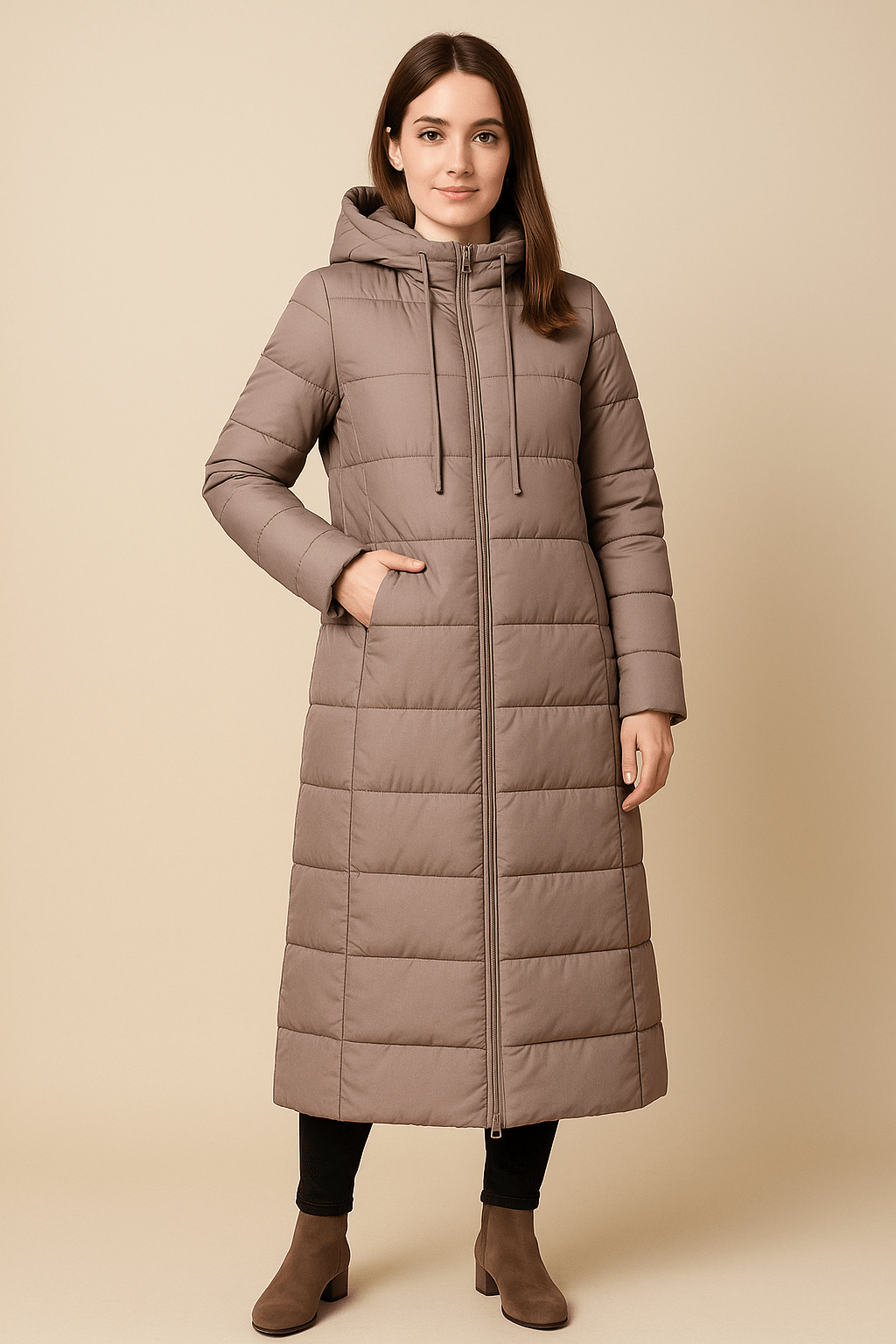 Women's Long Quilted Puffer Coat with High Collar and Full Zip for Cold Weather Wear Khaki