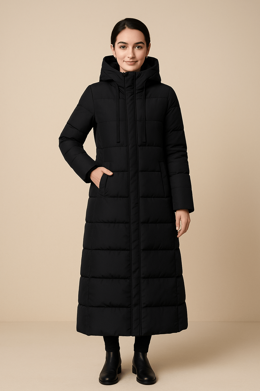 Women's Long Quilted Puffer Coat with High Collar and Full Zip for Cold Weather Wear Black