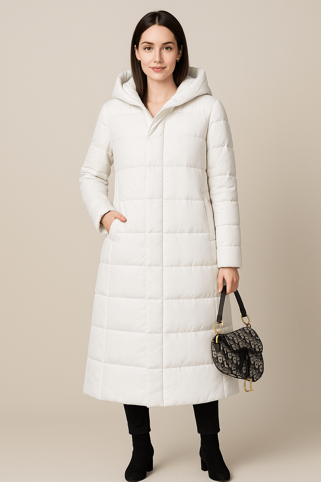 Women's Long Quilted Puffer Coat with High Collar and Full Zip for Cold Weather Wear White