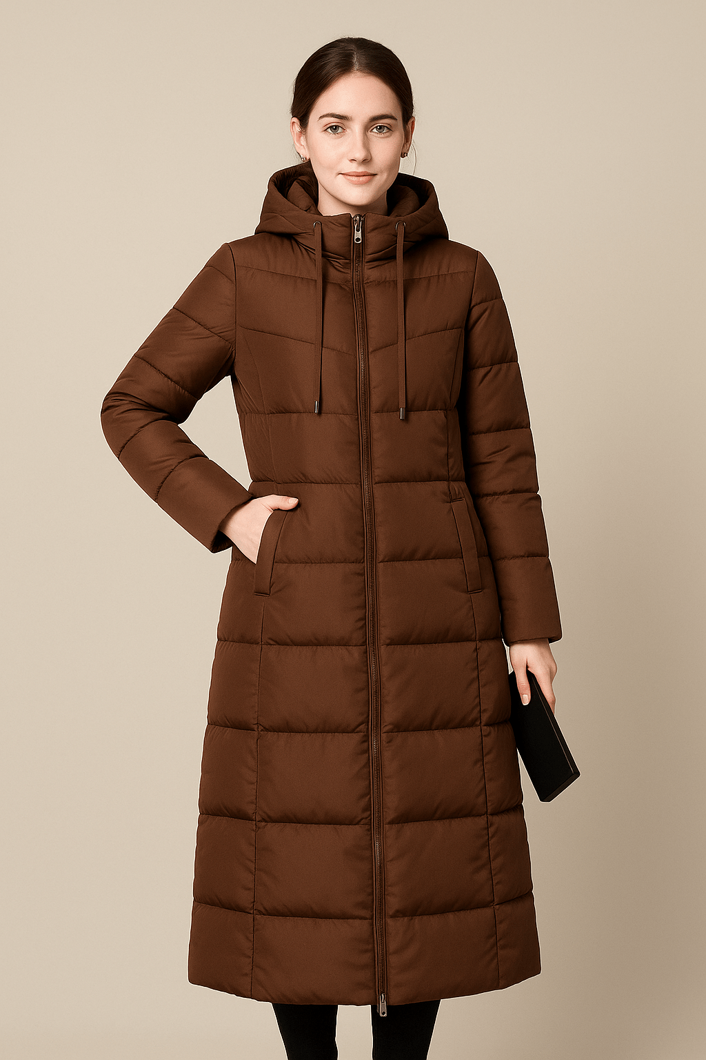 Women's Long Quilted Puffer Coat with High Collar and Full Zip for Cold Weather Wear Brown