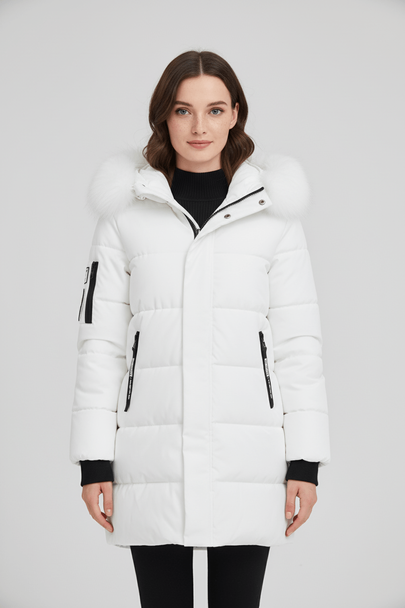 Women's Quilted Insulated Parka Jacket with Fur Collar for Cold Weather Wear White